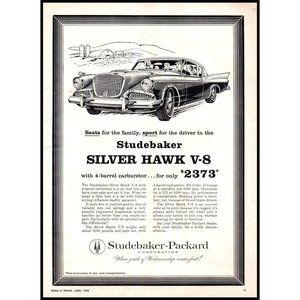 1958 Studebaker Silver Hawk V-8 Classic Car Vintage Print Ad Man Cave Wall Art